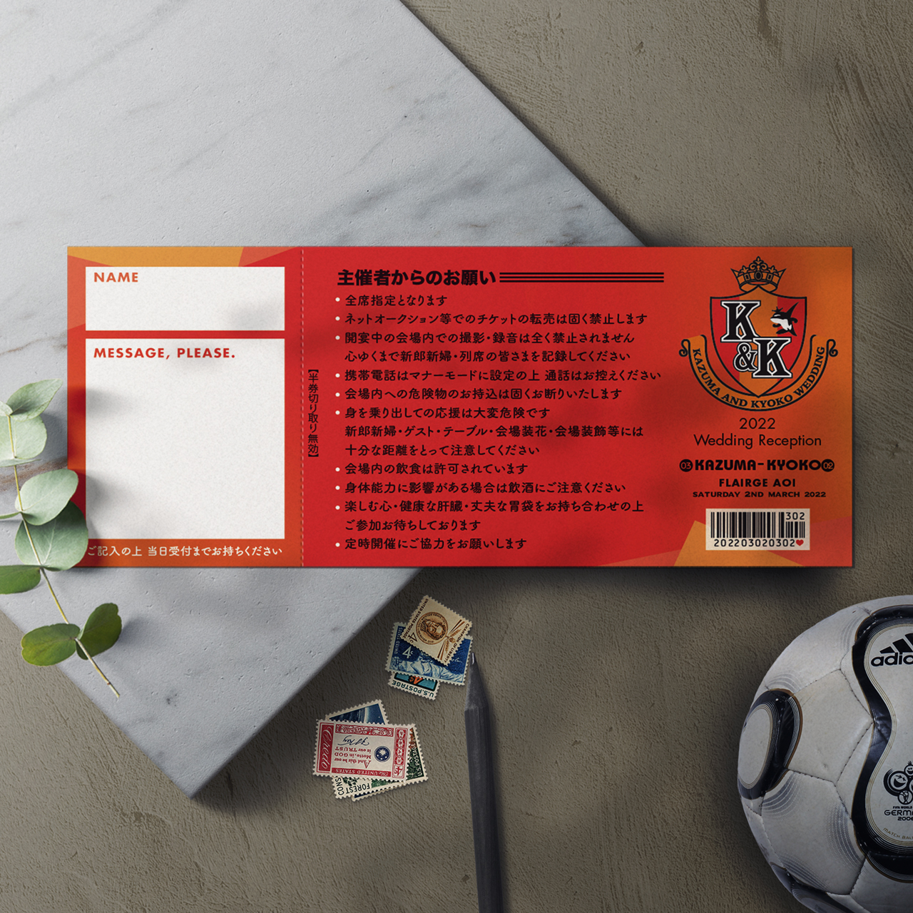 サッカーJリーグ名古屋グランパスエイトがモチーフのチケット型ゲストカード