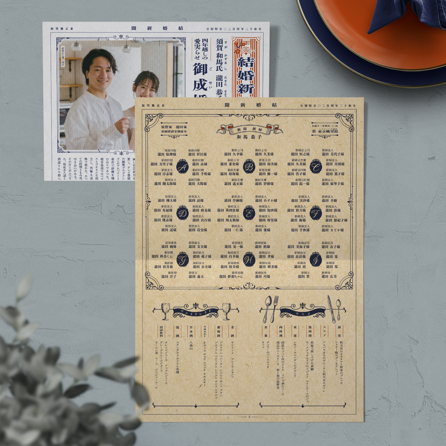 特殊紙（ファンシーペーパー）で作る招待状とレトロな新聞風デザインのプロフィールパンフレット（席次表）