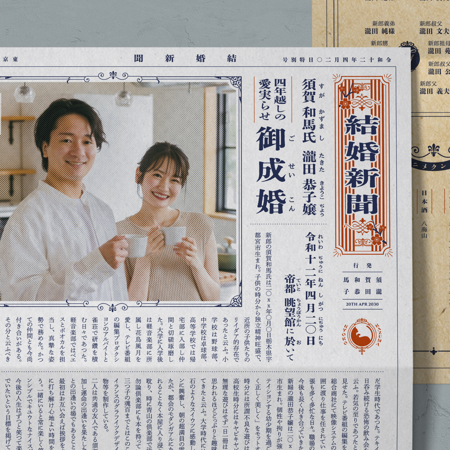 特殊紙（ファンシーペーパー）で作る招待状とレトロな新聞風デザインのプロフィールパンフレット（席次表）